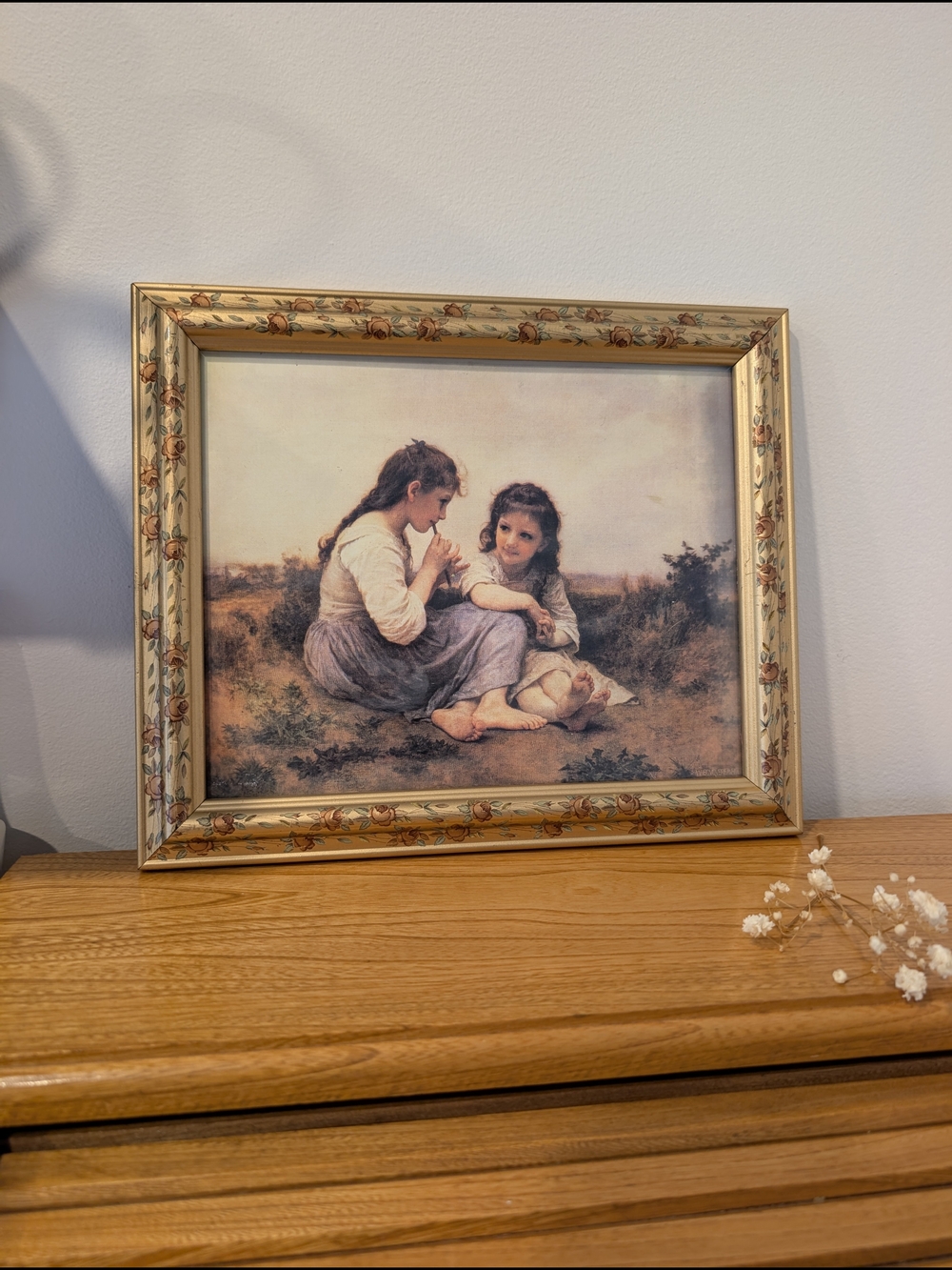 Vintage Framed Print "A Childhood Idyll" by Bouguereau Gold Floral Frame